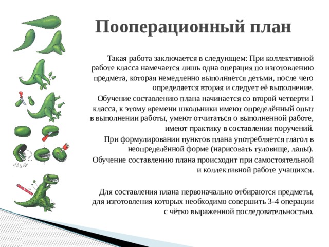 Пооперационный план Такая работа заключается в следующем: При коллективной работе класса намечается лишь одна операция по изготовлению предмета, которая немедленно выполняется детьми, после чего определяется вторая и следует её выполнение. Обучение составлению плана начинается со второй четверти I класса, к этому времени школьники имеют определённый опыт в выполнении работы, умеют отчитаться о выполненной работе, имеют практику в составлении поручений. При формулировании пунктов плана употребляется глагол в неопределённой форме (нарисовать туловище, лапы). Обучение составлению плана происходит при самостоятельной и коллективной работе учащихся. Для составления плана первоначально отбираются предметы, для изготовления которых необходимо совершить 3-4 операции с чётко выраженной последовательностью. 