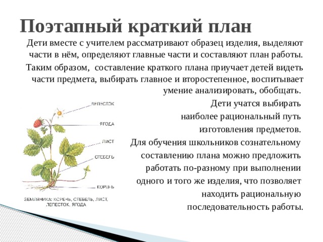 Поэтапный краткий план Дети вместе с учителем рассматривают образец изделия, выделяют части в нём, определяют главные части и составляют план работы. Таким образом, составление краткого плана приучает детей видеть части предмета, выбирать главное и второстепенное, воспитывает умение анализировать, обобщать. Дети учатся выбирать наиболее рациональный путь изготовления предметов. Для обучения школьников сознательному составлению плана можно предложить работать по-разному при выполнении одного и того же изделия, что позволяет находить рациональную последовательность работы. 
