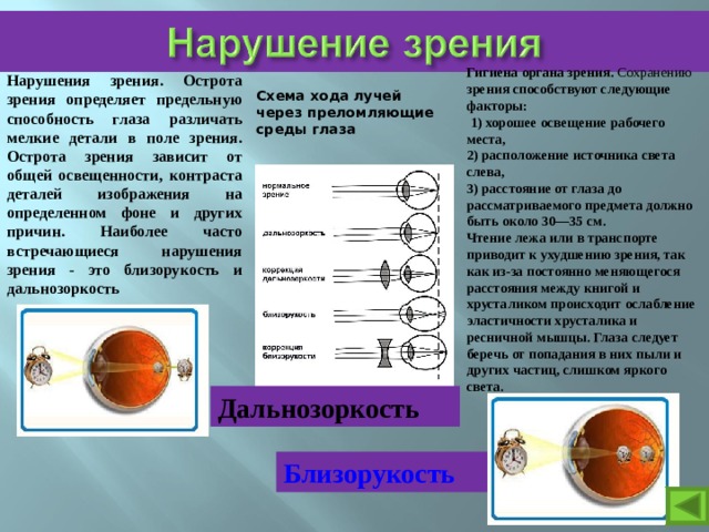 Гигиена органа зрения. Сохранению зрения способствуют следующие факторы:  1) хорошее освещение рабочего места, 2) расположение источника света слева, 3) расстояние от глаза до рассматриваемого предмета должно быть около 30—35 см. Чтение лежа или в транспорте приводит к ухудшению зрения, так как из-за постоянно меняющегося расстояния между книгой и хрусталиком происходит ослабление эластичности хрусталика и ресничной мышцы. Глаза следует беречь от попадания в них пыли и других частиц, слишком яркого света. Нарушения зрения. Острота зрения определяет предельную способность глаза различать мелкие детали в поле зрения. Острота зрения зависит от общей освещенности, контраста деталей изображения на определенном фоне и других причин. Наиболее часто встречающиеся нарушения зрения - это близорукость и дальнозоркость Схема хода лучей через преломляющие среды глаза Дальнозоркость  Близорукость  
