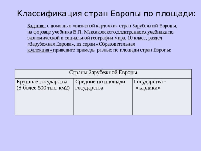 Классификация стран Европы по площади: Задание:  с помощью «визитной карточки» стран Зарубежной Европы, на форзаце учебника В.П. Максаковского, электронного учебника по экономической и социальной географии мира, 10 класс, раздел «Зарубежная Европа», из серии «Образовательная коллекция»  приведите примеры разных по площади стран Европы: Страны Зарубежной Европы Крупные государства (S более 500 тыс. км2) Средние по площади государства Государства -  «карлики» 