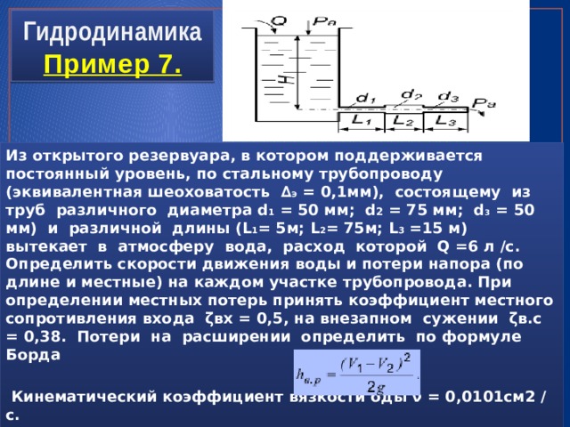 Гидродинамика  Пример 7. Из открытого резервуара, в котором поддерживается постоянный уровень, по стальному трубопроводу (эквивалентная шеоховатость ∆ Э = 0,1мм), состоящему из труб различного диаметра d 1 = 50 мм; d 2 = 75 мм; d 3 = 50 мм) и различной длины (L 1 = 5м; L 2 = 75м; L 3 =15 м) вытекает в атмосферу вода, расход которой Q =6 л /с. Определить скорости движения воды и потери напора (по длине и местные) на каждом участке трубопровода. При определении местных потерь принять коэффициент местного сопротивления входа ζвх = 0,5, на внезапном сужении ζв.с = 0,38. Потери на расширении определить по формуле Борда   Кинематический коэффициент вязкости оды ν = 0,0101см2 / с. 