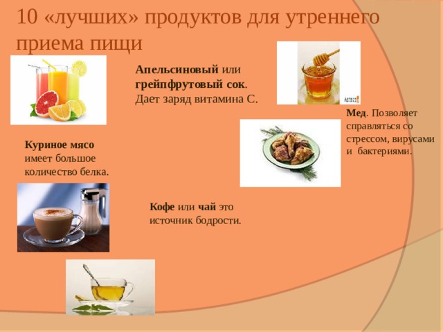 10 «лучших» продуктов для утреннего приема пищи  Апельсиновый или грейпфрутовый сок . Дает заряд витамина С.  Мед . Позволяет справляться со стрессом, вирусами и бактериями.  Куриное мясо имеет большое количество белка.  Кофе или чай это источник бодрости. 