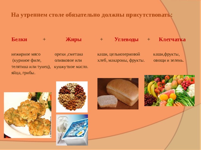 На утреннем столе обязательно должны присутствовать:   Белки + Жиры + Углеводы + Клетчатка нежирное мясо орехи ,сметана каши, цельнозерновой каши,фрукты,  (куриное филе, оливковое или хлеб, макароны, фрукты. овощи и зелень. телятина или тунец), кунжутное масло. яйца, грибы. 