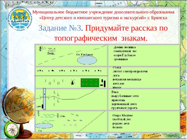 Муниципальное бюджетное учреждение дополнительного образования «Центр детского и юношеского туризма и экскурсий» г. Брянска  Задание №3 .  Придумайте рассказ по топографическим знакам. 