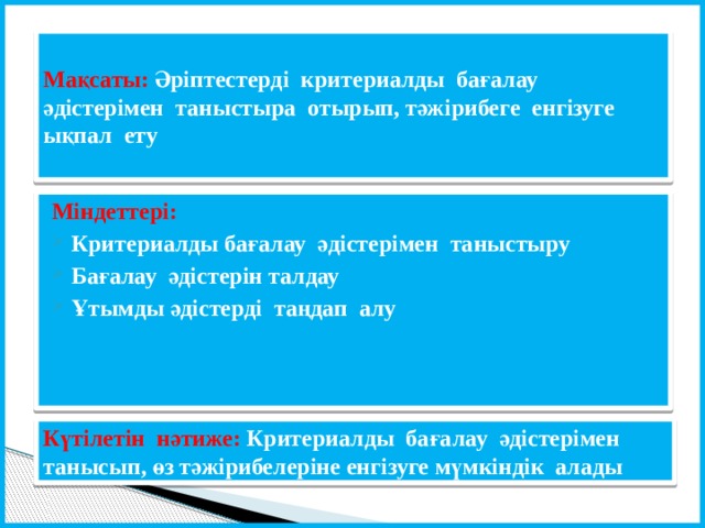 Мақсаты: Әріптестерді критериалды бағалау әдістерімен таныстыра отырып, тәжірибеге енгізуге ықпал ету Міндеттері: Критериалды бағалау әдістерімен таныстыру Бағалау әдістерін талдау Ұтымды әдістерді таңдап алу Күтілетін нәтиже: Критериалды бағалау әдістерімен танысып, өз тәжірибелеріне енгізуге мүмкіндік алады 