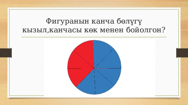 Фигуранын канча бөлүгү кызыл,канчасы көк менен бойолгон? 