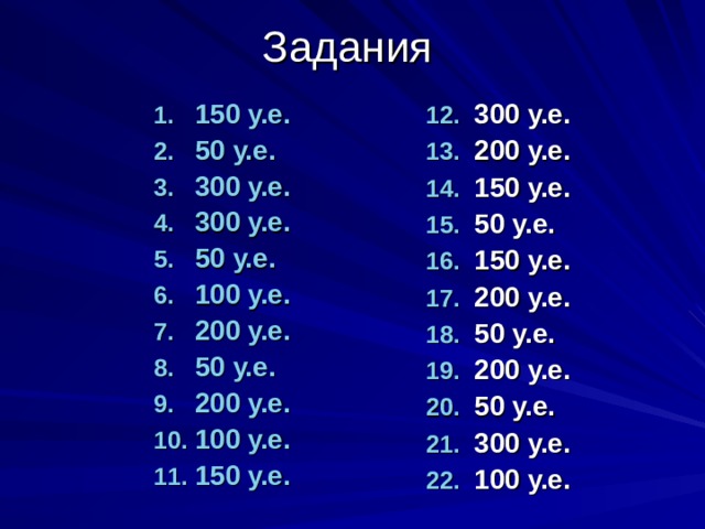 150 у.е . 50 у.е . 300 у.е . 300 у.е . 50 у.е . 100 у.е . 200 у.е . 50 у.е . 200 у.е . 100 у.е . 150 у.е . 300 у.е. 200 у.е. 150 у.е. 50 у.е. 150 у.е. 200 у.е. 50 у.е. 200 у.е. 50 у.е. 300 у.е. 100 у.е.  