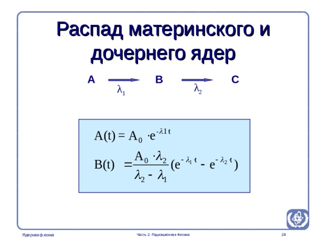 Radiation Protection in Nuclear Medicine Part 2. Radiation Physics Распад материнского и дочернего ядер A C B λ 2 λ 1  Часть 2: Радиационная Физика  
