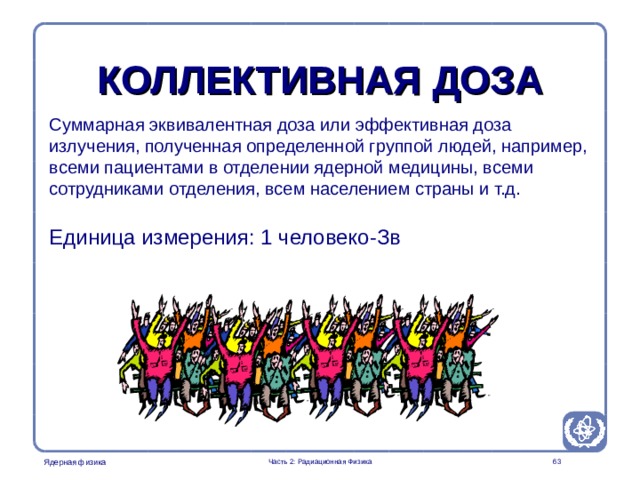 Part 2. Radiation Physics Radiation Protection in Nuclear Medicine КОЛЛЕКТИВНАЯ ДОЗА Суммарная эквивалентная доза или эффективная доза излучения, полученная определенной группой людей, например, всеми пациентами в отделении ядерной медицины, всеми сотрудниками отделения, всем населением страны и т.д. Единица измерения: 1 человеко-Зв  Часть 2: Радиационная Физика  