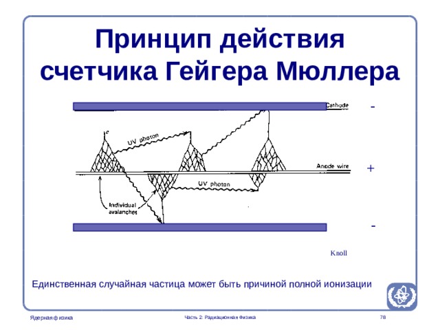 Radiation Protection in Nuclear Medicine Part 2. Radiation Physics Принцип действия счетчика Гейгера Мюллера - + - In a GM-tube a very high electrical filed is achieved near the thin central electrode. The primary ionization is causing an avalanche of secondary ionizations. In this process there will be emission of UV-photons with energy high enough to cause new ionizations. The result will be a total discharge of the detector. The result will be an electrical pulse that can be measured without any further amplification. Knoll Единственная случайная частица может быть причиной полной ионизации  Часть 2: Радиационная Физика  
