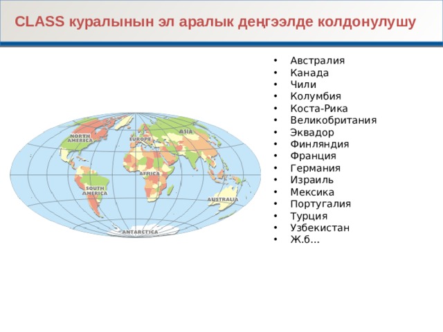 CLASS куралынын эл аралык деңгээлде колдонулушу    Австралия Канада Чили Колумбия Коста-Рика Великобритания Эквадор Финляндия Франция Германия Израиль Мексика Португалия Турция Узбекистан Ж.б …  