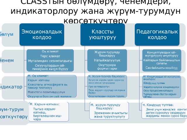 CLASS тын бѳлүмдѳрү, ченемдери, индикаторлору жана жүрүм-турумдун кѳрсѳткүчтѳрү Pre-K CLASS™ Observation Training Б ѳлүм Ченем Индикатор What to Know This slide is included in the participant guide training notes. What to Say and Do Explain that behavioral markers are specific examples of behaviors we might see in a classroom. Explain that observers take notes on specific behaviors when conducting observations, and then sort the behaviors into the appropriate dimension(s) when determining classroom codes. Point out that there may not be evidence of every behavioral marker at all times in a classroom, but the behavioral markers help guide your understanding of behaviors within the dimension. Tell participants that the Pre-K CLASS Manual provides more information about indicators and behavioral markers for each dimension. Note that later in the presentation, participants will learn how to make decisions about where individual interactions fit best. Жүрүм-турум к ѳ рсөткүчтөрү Copyright © 2013 Teachstone ® Training, LLC. All rights reserved. │ V3.3  