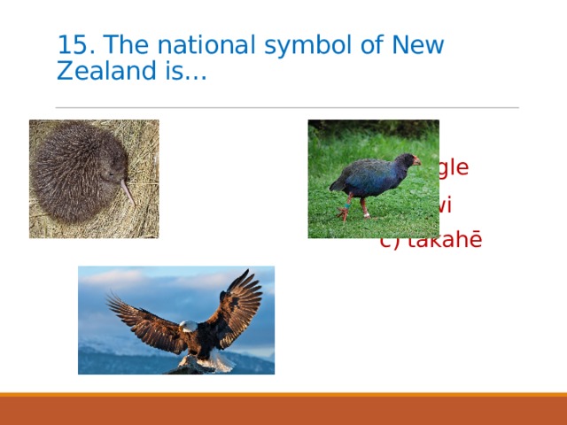 15. The national symbol of New Zealand is… a) eagle  b) kiwi c) takahē 