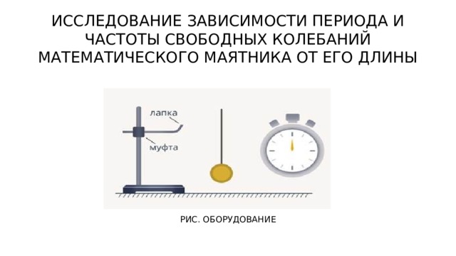 ИССЛЕДОВАНИЕ ЗАВИСИМОСТИ ПЕРИОДА И ЧАСТОТЫ СВОБОДНЫХ КОЛЕБАНИЙ МАТЕМАТИЧЕСКОГО МАЯТНИКА ОТ ЕГО ДЛИНЫ РИС. ОБОРУДОВАНИЕ 