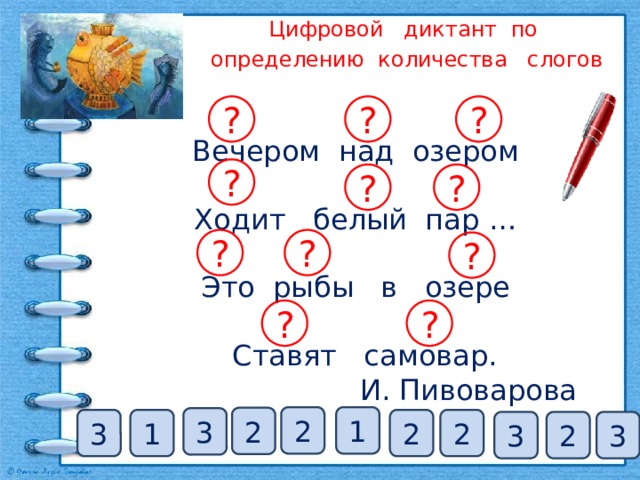 Цифровой диктант по определению количества слогов ? ? ? Вечером над озером    Ходит белый пар …   Это рыбы в озере   Ставят самовар.  И. Пивоварова   ? ? ? ? ? ? ? ? 2 1 2 3 3 1 2 2 3 2 3 