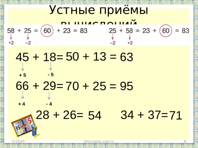 Устные приёмы вычислений 50 + 13 = 45 + 18= 66 + 29=  28 + 26= 34 + 37= 63 - 5 + 5 95 70 + 25 = + 4 - 4 54 71 http://aida.ucoz.ru  2/15/20 