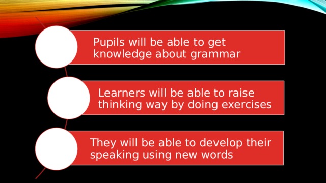 Pupils will be able to get knowledge about grammar Learners will be able to raise thinking way by doing exercises They will be able to develop their speaking using new words 