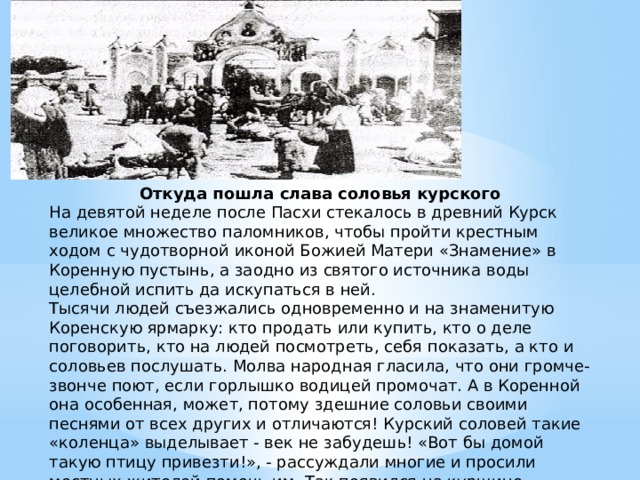 Откуда пошла слава соловья курского На девятой неделе после Пасхи стекалось в древний Курск великое множество паломников, чтобы пройти крестным ходом с чудотворной иконой Божией Матери «Знамение» в Коренную пустынь, а заодно из святого источника воды целебной испить да искупаться в ней. Тысячи людей съезжались одновременно и на знаменитую Коренскую ярмарку: кто продать или купить, кто о деле поговорить, кто на людей посмотреть, себя показать, а кто и соловьев послушать. Молва народная гласила, что они громче-звонче поют, если горлышко водицей промочат. А в Коренной она особенная, может, потому здешние соловьи своими песнями от всех других и отличаются! Курский соловей такие «коленца» выделывает - век не забудешь! «Вот бы домой такую птицу привезти!», - рассуждали многие и просили местных жителей помочь им. Так появился на курщине соловьиный промысел. 
