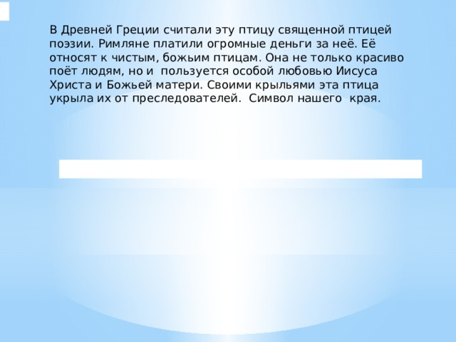 В Древней Греции считали эту птицу священной птицей поэзии. Римляне платили огромные деньги за неё. Её относят к чистым, божьим птицам. Она не только красиво поёт людям, но и пользуется особой любовью Иисуса Христа и Божьей матери. Своими крыльями эта птица укрыла их от преследователей. Символ нашего края. 
