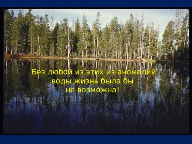 Без любой из этих из аномалий воды жизнь была бы не возможна! 