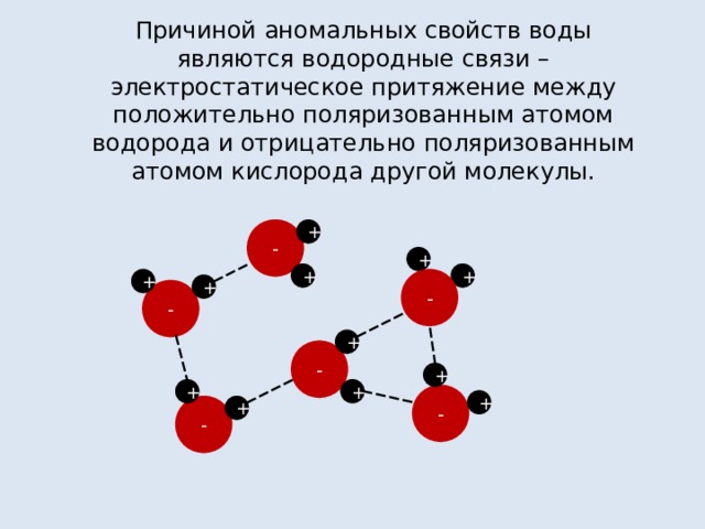 Причиной аномальных свойств воды являются водородные связи – электростатическое притяжение между положительно поляризованным атомом водорода и отрицательно поляризованным атомом кислорода другой молекулы. + - + + + + - + - + - + + + - + - + 