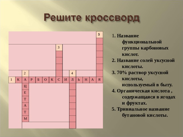 1 . Название функциональной группы карбоновых кислот. 2. Название солей уксусной кислоты. 3. 70% раствор уксусной кислоты, используемый в быту. 4. Органическая кислота , содержащаяся в ягодах и фруктах. 5. Тривиальное название бутановой кислоты. 1 2 К 3 А Ц Р Б Е О Т 5 А К С Т 4 Ы И Л Ь Н А Я 