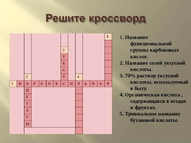 1 . Название функциональной группы карбоновых кислот. 2. Название солей уксусной кислоты. 3. 70% раствор уксусной кислоты, используемый в быту. 4. Органическая кислота , содержащаяся в ягодах и фруктах. 5. Тривиальное название бутановой кислоты. 1 К 2 3 А У Ц Р К Б Е С О Т У 5 А К Т С 4 И Ы Л Ь Н А Я 
