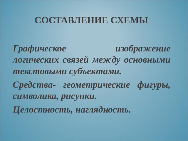 СОСТАВЛЕНИЕ СХЕМЫ Графическое изображение логических связей между основными текстовыми субъектами. Средства- геометрические фигуры, символика, рисунки. Целостность, наглядность. 