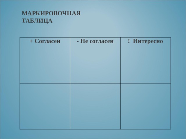 МАРКИРОВОЧНАЯ ТАБЛИЦА + Согласен - Не согласен   ! Интересно     