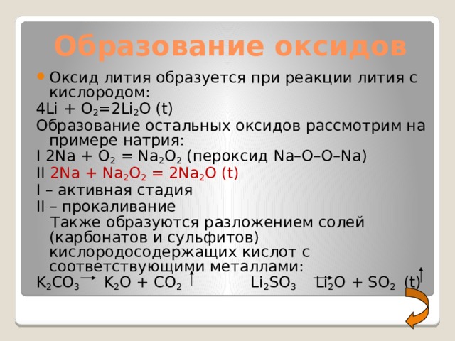 Образование оксидов Оксид лития образуется при реакции лития с кислородом: 4Li + O 2 =2Li 2 O (t) Образование остальных оксидов рассмотрим на примере натрия: I 2Na + O 2 = Na 2 O 2 (пероксид Na–O–О–Na) II 2Na + Na 2 O 2 = 2Na 2 O (t) I – активная стадия II – прокаливание  Также образуются разложением солей (карбонатов и сульфитов) кислородосодержащих кислот с соответствующими металлами: K 2 CO 3 K 2 O + CO 2 Li 2 SO 3 Li 2 O + SO 2 (t) 