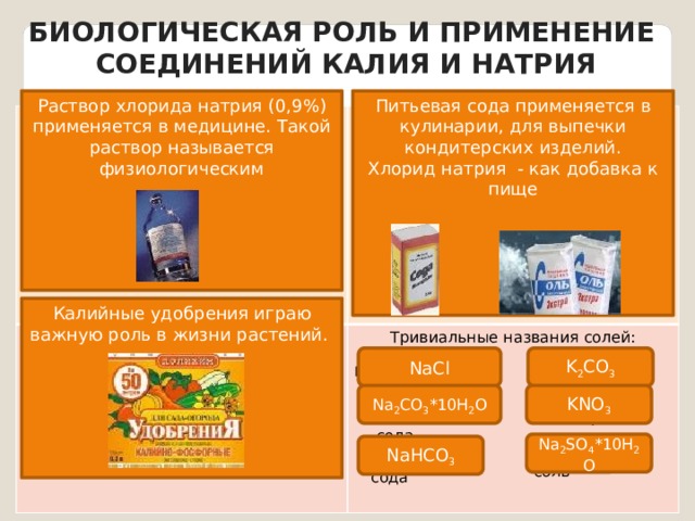 Биологическая роль и применение Соединений калия и натрия Раствор хлорида натрия (0,9%) применяется в медицине. Такой раствор называется физиологическим Питьевая сода применяется в кулинарии, для выпечки кондитерских изделий. Хлорид натрия - как добавка к пище Сколько воды и хлорида натрия нужно взять для приготовления физиологического раствора  массой 0,5 кг? Хлорид калия - очень ценное минеральное удобрение. Рассчитайте массовую долю калия (%) в этом веществе. Смесь хлорида и гидрокарбоната натрия массой 15 г обработали уксусной кислотой, при этом выделилось 2,8 л (н.у.) газа. Определите массовые доли в процентах компонентов смеси.  Тривиальные названия солей:  70% NaHCO 3 4,5г соли 495,5 г воды 52% Поваренная соль 30% NaCl  ответ ответ Калийные удобрения играю важную роль в жизни растений. Для работы слайда необходимо кликнуть мышью на любой синий прямоугольник. Для 1-3 ячейки таблицы это задача. Для 4 ячейки - проверка знаний тривиальных названий веществ. NaCl K 2 CO 3 поташ KNO 3 Калийная селитра Na 2 CO 3 *10H 2 O Кристалли-ческая сода ответ Na 2 SO 4 *10H 2 O NaHCO 3 Глауберова соль Питьевая сода 16 