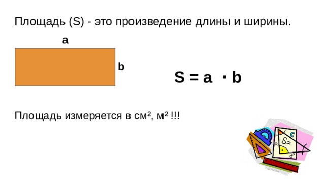 Площадь (S) - это произведение длины и ширины. a b S = a ⋅ b Площадь измеряется в см², м² !!! 