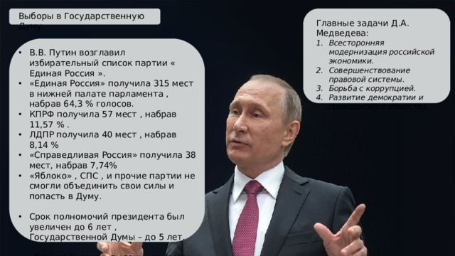 Выборы в Государственную Думу. Главные задачи Д.А. Медведева: Всесторонняя модернизация российской экономики. Совершенствование правовой системы. Борьба с коррупцией. Развитие демократии и гражданского общества.  В.В. Путин возглавил избирательный список партии « Единая Россия ». «Единая Россия» получила 315 мест в нижней палате парламента , набрав 64,3 % голосов. КПРФ получила 57 мест , набрав 11,57 % . ЛДПР получила 40 мест , набрав 8,14 % «Справедливая Россия» получила 38 мест, набрав 7,74% «Яблоко» , СПС , и прочие партии не смогли объединить свои силы и попасть в Думу. Срок полномочий президента был увеличен до 6 лет , Государственной Думы – до 5 лет. «Единая Россия» выдвинула своим кандидатом Д. А. Медведев ( набрал 70,28% голосов) 