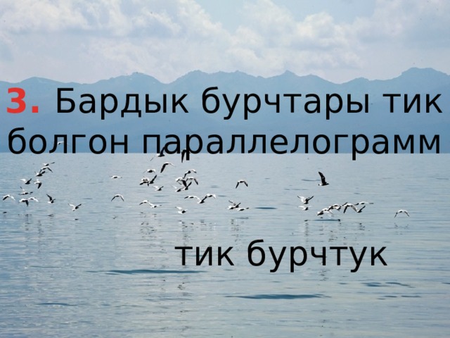 3. Бардык бурчтары тик болгон параллелограмм тик бурчтук 