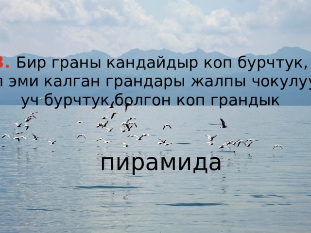 8. Бир граны кандайдыр коп бурчтук,  ал эми калган грандары жалпы чокулуу уч бурчтук болгон коп грандык пирамида 