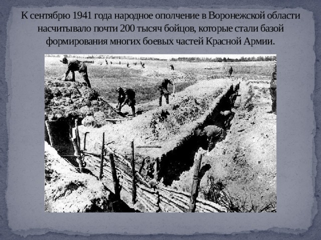 К сентябрю 1941 года народное ополчение в Воронежской области насчитывало почти 200 тысяч бойцов, которые стали базой формирования многих боевых частей Красной Армии. 
