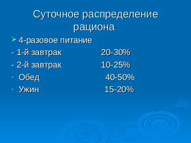 Суточное распределение рациона 4-разовое питание - 1-й завтрак 20-30% - 2-й завтрак 10-25% Обед 40-50% Ужин 15-20% 
