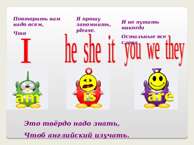 Я прошу запомнить, please. Повторить вам надо всем, Что И не путать никогда Остальные все слова Это твёрдо надо знать, Чтоб английский изучать. 