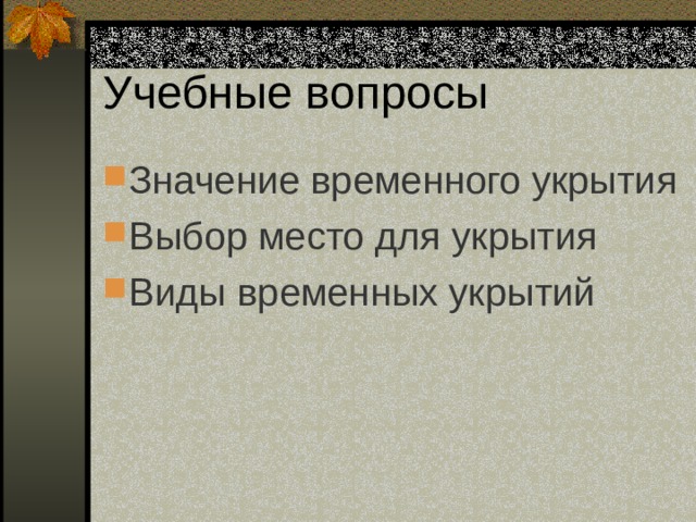 Учебные вопросы Значение временного укрытия Выбор место для укрытия Виды временных укрытий  