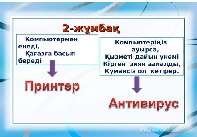 2-жұмбақ Компьютермен енеді, Қағазға басып береді  Компьютеріңіз ауырса, Қызметі дайын үнемі Кірген зиян залалды, Күмәнсіз ол кетірер. 