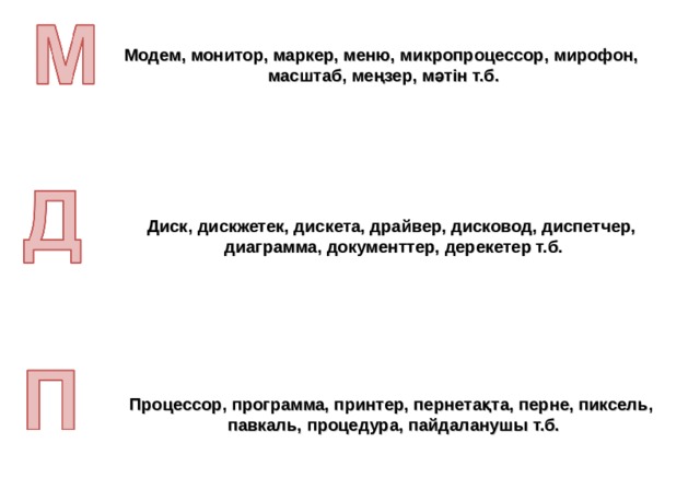 Модем, монитор, маркер, меню, микропроцессор, мирофон, масштаб, меңзер, мәтін т.б. Диск, дискжетек, дискета, драйвер, дисковод, диспетчер, диаграмма, документтер, дерекетер т.б. Процессор, программа, принтер, пернетақта, перне, пиксель, павкаль, процедура, пайдаланушы т.б. 