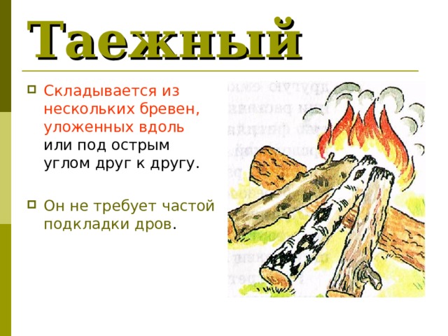 Таежный Складывается из нескольких бревен, уложенных вдоль или под острым углом друг к другу.  Он не требует частой подкладки дров . 