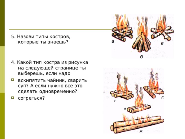 5. Назови типы костров, которые ты знаешь? 4. Какой тип костра из рисунка на следующей странице ты выберешь, если надо вскипятить чайник, сварить суп? А если нужно все это сделать одновременно? согреться?  