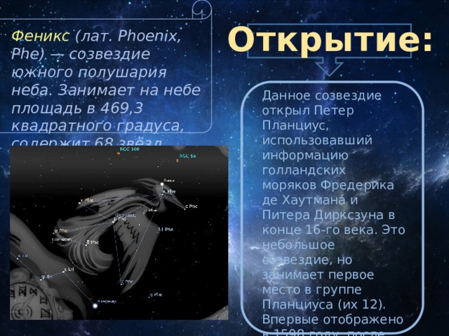 Открытие: Феникс (лат. Phоеnix, Phе) — созвездие южного полушария неба. Занимает на небе площадь в 469,3 квадратного градуса, содержит 68 звёзд, видимых невооружённым глазом. Данное созвездие открыл Петеp Планциус, использовавший информацию голландских моряков Фредерика де Хаутмана и Питеpа Дирксзуна в конце 16-го века. Это небольшое созвездие, но занимает первое место в группе Планциуса (иx 12). Впервые отображено в 1598 году, после чего фигурировало уже в «Уранометрии» (160З) Иоганна Байера. 