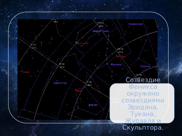 Созвездие Феникса окружено созвездиями Эридана, Тукана, Журавля и Скульптора. 