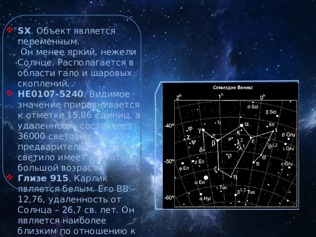 SX . Объект является переменным.  Он менее яркий, нежели Солнце. Располагается в области гало и шаровых скоплений. HE0107-5240 . Видимое значение приравнивается к отметке 15,86 единиц, а удаленность составляет 36000 световых лет. По предварительным оценкам светило имеет достаточно большой возраст. Глизе 915 . Карлик является белым. Его ВВ – 12,76, удаленность от Солнца – 26,7 св. лет. Он является наиболее близким по отношению к нашему небесному светилу. 