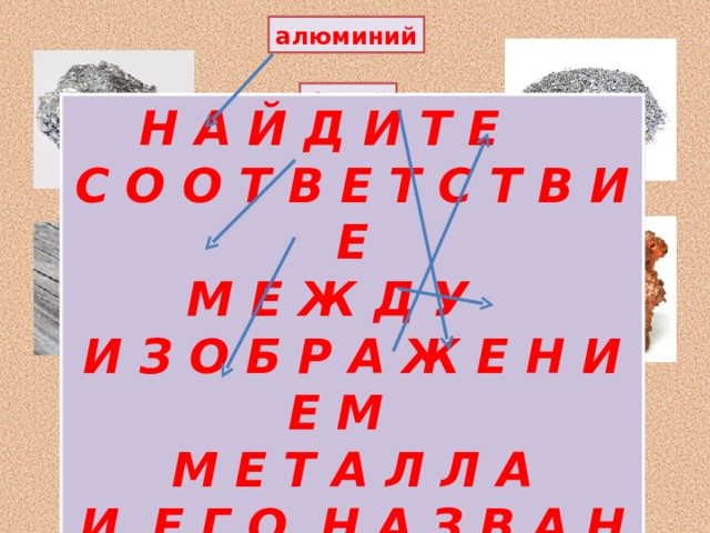 алюминий барий Н А Й Д И Т Е С О О Т В Е Т С Т В И Е  М Е Ж Д У И З О Б Р А Ж Е Н И Е М М Е Т А Л Л А  И Е Г О Н А З В А Н И Е М ртуть железо медь хром 
