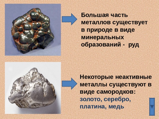 Большая часть металлов существует в природе в виде минеральных образований - руд Некоторые неактивные металлы существуют в виде самородков: золото, серебро, платина, медь 