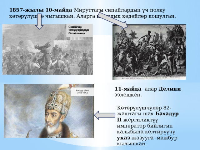 1857-жылы 10-майда Мируттагы сипайлардын үч полку к ө т ө р ү л ү шк ө чыгышкан. Аларга шаардык кедейлер кошулган. 11-майда алар Делини ээлешкен. К ө т ө р ү л ү шч ү л өр 82-жаштагы шах Бахадур II жергиликтүү император бийлигин калыбына келтирүүчү указ жазууга мажбур кылышкан. 