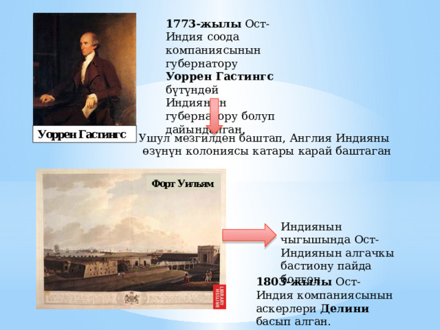1773-жылы Ост-Индия соода компаниясынын губернатору Уоррен Гастингс б үтү нд ө й Индиянын губернатору болуп дайындалган. Ушул мезгилден баштап, Англия Индияны  өзүнүн колониясы катары карай баштаган  Индиянын чыгышында Ост-Индиянын алгачкы бастиону пайда болгон 1803-жылы Ост-Индия компаниясынын аскерлери Делини басып алган. 